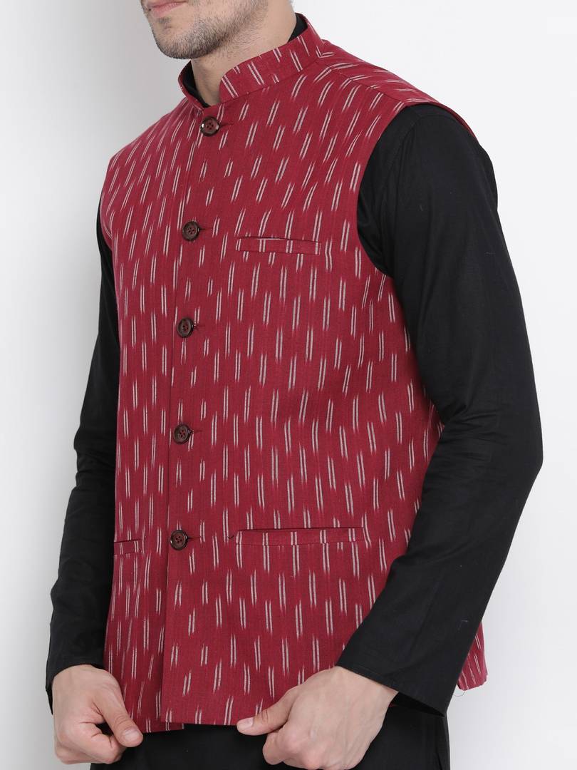 Men's Maroon Cotton
 Woven Design Nehru Jackets